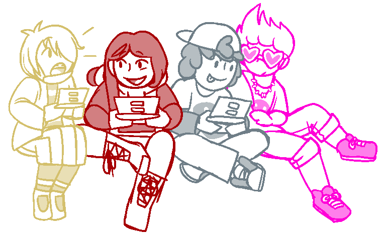 Digital art. Four of my characters as kids hanging out and playing games! I can do tones on request for digital sketches (and like doing it), but lineart-only is assumed. Something like this would beee... ~$90.