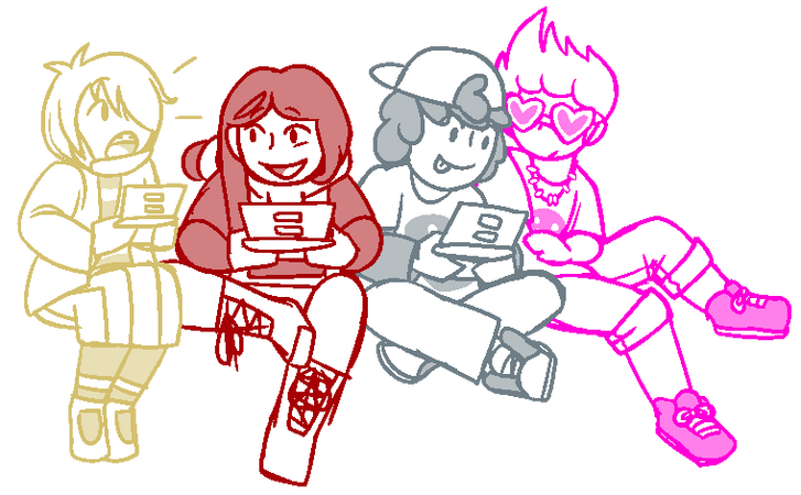 Digital art. Four of my characters as kids hanging out and playing games! I can do tones on request for digital sketches (and like doing it), but lineart-only is assumed. Something like this would beee... ~$90.