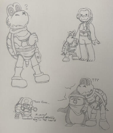 Traditional art. This one's also from a D&D session, actually, just Super Mario themed! Same premise, this is just featuring my character and (most of) the party. By my current prices a page like this would be ~$120.