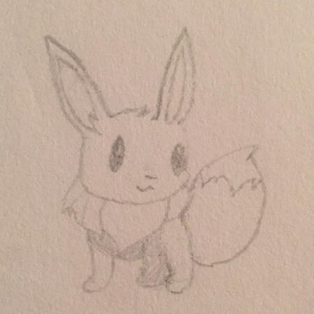 A drawing of an Eevee from Pokemon. It's a small four-legged thing with long ears and a fluffy neck and tail.