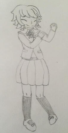 A drawing of a short-haired character in a skirt, smiling somewhat nervously with one hand placed on their other bicep. They are pigeon-toed.