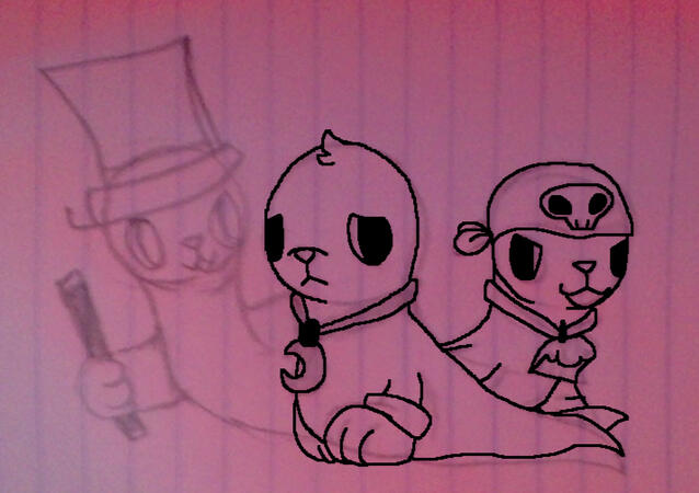 A partially-lined sketch of three seals from the game Animal Jam. One dressed as a magician and another dressed as a pirate are making jabs at a nervous-looking seal with a necklace and bracelet.