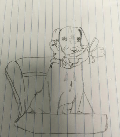 A drawing of a scruffy dog sitting on a couch with a dragon toy in his mouth. The style suggests it was heavily referenced from a photo.