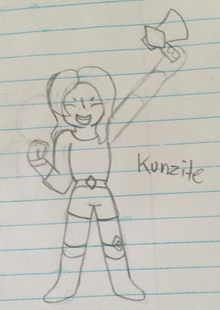 A simple, unfinished sketch of a character with long hair raising her fist excitedly. She is wearing a body suit, and in her raised fist she's holding a megaphone. Her raised arm is unfinished. She is labelled "Kunzite".