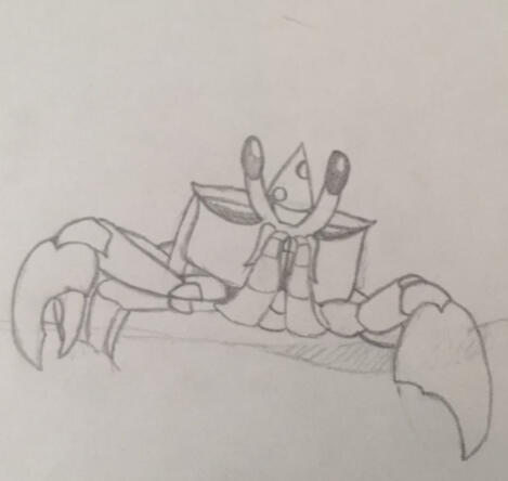 A drawing of a ghost crab wearing a birthday hat. The background is a simple line meant to allude to a sand dune. The detail of the crab suggests it was heavily referenced from a photograph.
