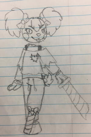 A drawing on lined paper of an anthropomorphic dog holding a striped sword. Her head, hands, and foot are chopped off, floating off of her body, and her other foot is replaced by a candy-striped peg leg. She wears a mischievous expression.