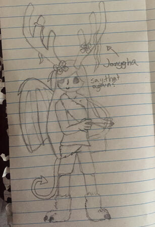 A drawing on lined paper of a black-eyed, long-haired girl dressed in furs. She has huge, deerlike antlers, webbed wings, and a demonic tail. She is carrying a bow and arrow, and her boots are furry and clawed.