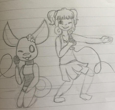 A drawing on lined paper of a robot and a girl with pigtails and ringlets in her hair. The robot is large, and meant to resemble a mouse lemur. They're both posing with microphones, with the robot kneeling and the girl holding out her hand to the side.