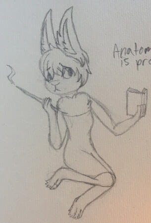 A drawing of an anthropomorphic rabbit in a simple knee-length sleeveless dress. She is floating in the air, with a magic wand in one hand and a book held open in the other. She is leaning away from her book, looking uncertain.