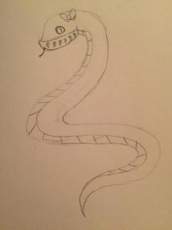 A drawing of a snake. It has a defined underbelly, heat pits, and it is sticking out its tongue. It has a tiny bow stuck to its head.