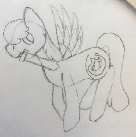 A drawing of a pegasus pony holding a sword in her mouth. She has a long mane and tail, and she is in flight. She has a symbol on her flank of a sword with a long ribbon attached to its handle.