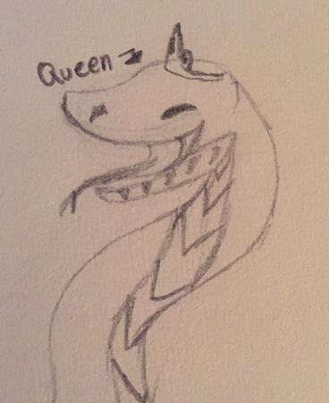 The same snake, smiling widely with a little crown on its head. It has its visible eye closed, which snakes can't actually do. There is a little arrow pointing to it labelled "Queen".