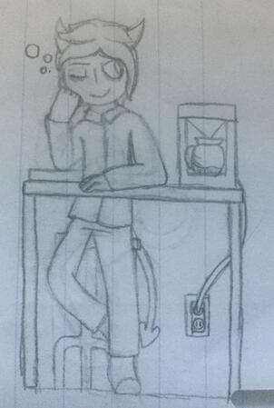 A drawing on lined paper of a demon character sitting on a stool, leaning against a tall table. He has one eye open, looking off to the side. There is a coffee maker at the other edge of the table, with its cord plugged into a low socket on the wall.