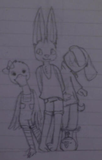 A blurry picture of a drawing on lined paper. There are four anthropomorphic animals- a duck, a rabbit, a dog, and a mole, all posed in a group together. Their clothing suggests they're all children.