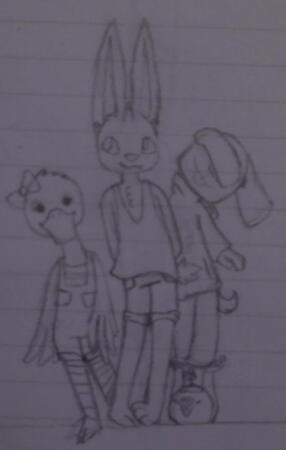 A blurry picture of a drawing on lined paper. There are four anthropomorphic animals- a duck, a rabbit, a dog, and a mole, all posed in a group together. Their clothing suggests they're all children.