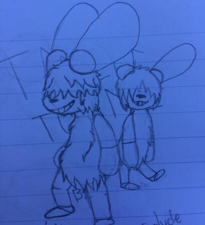 A drawing on lined paper of two rabbitlike robots with long, shaggy fur. Their fur covers their eyes.