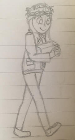 A drawing on lined paper of a skinny girl with long hair walking along, staring down into the box held in her arms. She is smiling and focused. She has some of her hair braided into a crown, but also wears a wreath on top of that.