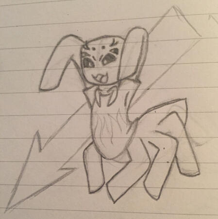 A drawing of a spider monster with a centaur-like body pouncing, arms raised and determined expression on his face. He is wearing a t-shirt with a flame pattern on it, and in the background there is a large arrow pointing in the direction he's pouncing.