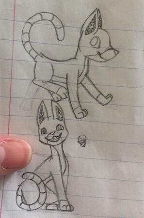 Two drawings on lined paper of the same cat character. In the first she is in motion and the second she is sitting and grinning at the viewer. She has sharp teeth, a striped tail, and teeth in her ears.