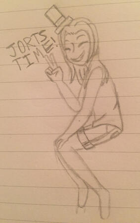 A drawing on lined paper of a skinny girl flashing the viewer a peace sign. She has long hair, and she's smiling with closed eyes. She is wearing jorts and a tiny hat. Text beside her reads "jorts time!" in all caps.