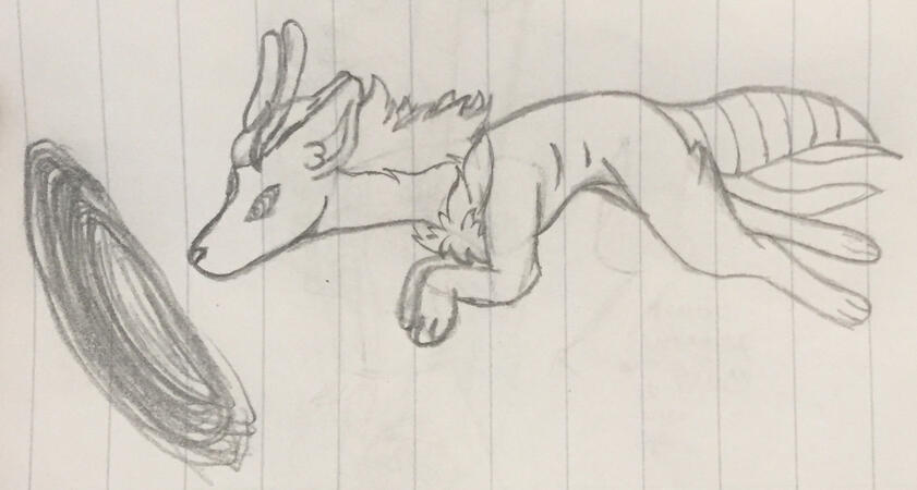 A sketch on lined paper of a strange alien animal leaping into a wormhole.
