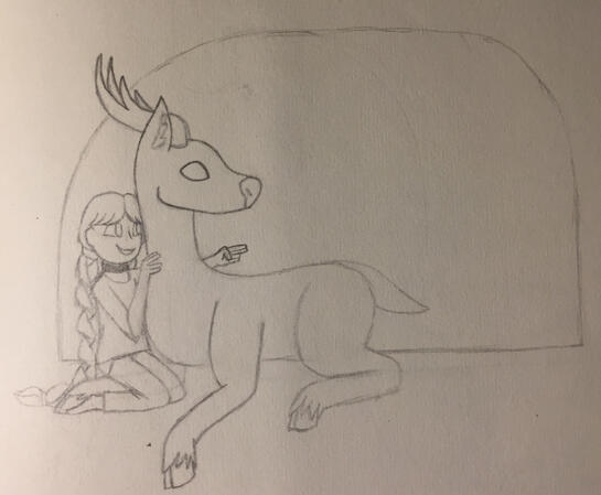 A sketch of a small person with long braids and loose clothing kneeling and embracing a large stag. Both are looking to the right offpage, with the human smiling and pointing with two fingers in that direction.