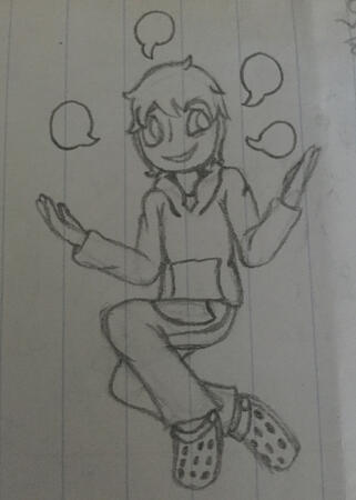 A drawing on lined paper of a person floating in blank space. He has one leg beneath him and the other knee hiked up. He's holding up his hands as he talks, indicated by several speech bubbles around his head. He is wearing Crocs.